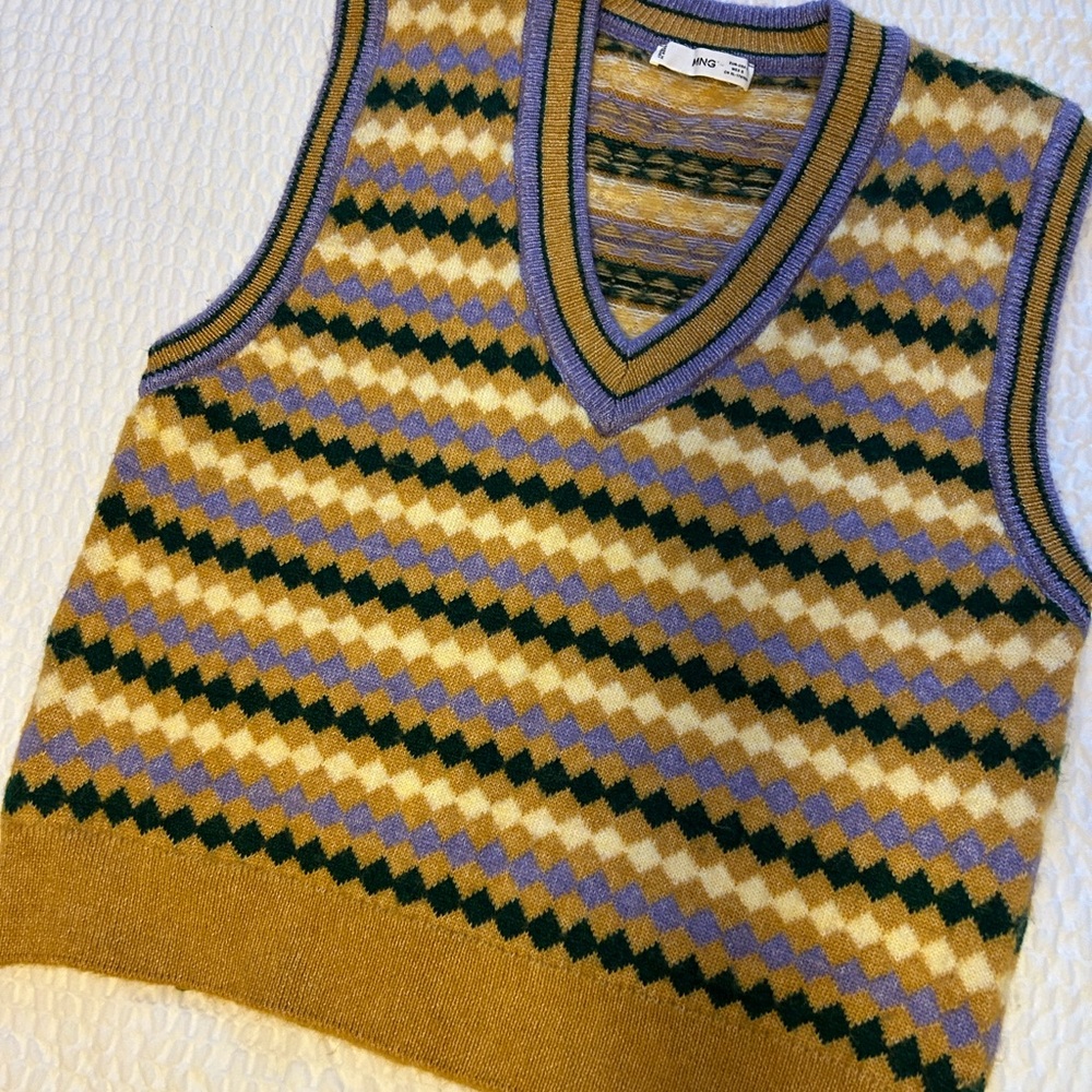 * RARE Mango Women's V-Neck Sweater Vest- color block Yellow and Purple - Picture 2 of 8